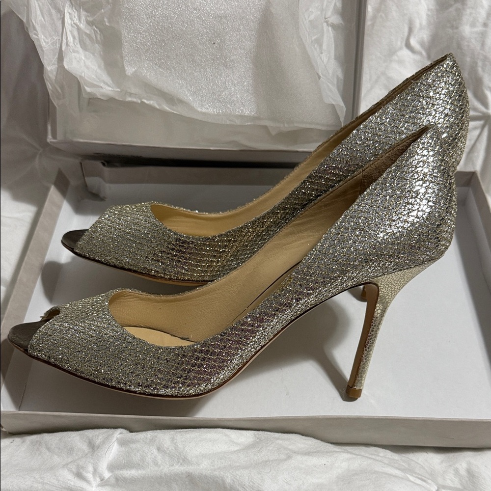 Jimmy Choo Gold Glitter Peep-Toe Heels - Picture 2 of 6